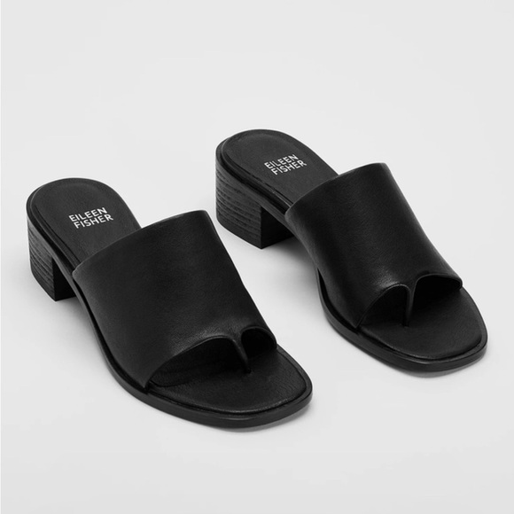 NEW EILEEN FISHER Airy Leather Slide, slip on Thong 
stacked Heel black SZ 7.5 - Picture 2 of 11